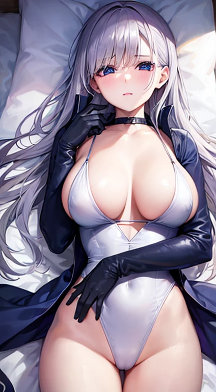 Laquadia, blue lips,big breasts,jewelry,Bukkake,gray hair、nipple、sexy face、High resolution、high quality、Creampie、Squirting、risque swimsuit、long gloves、blue swimsuit、青いlong gloves、超High resolution, (film grain: 1.4)、とてもbig breasts、I'pushed onto the bed、troubled face、sexy pose、nipple