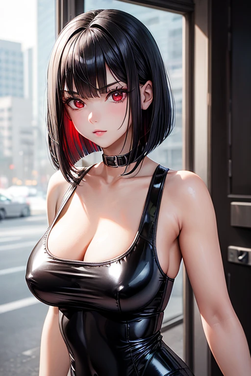 masterpiece,highest quality,very detailed,1 girl,Metallic White Silver Tank Top,latex,black hair bob,red eyes,