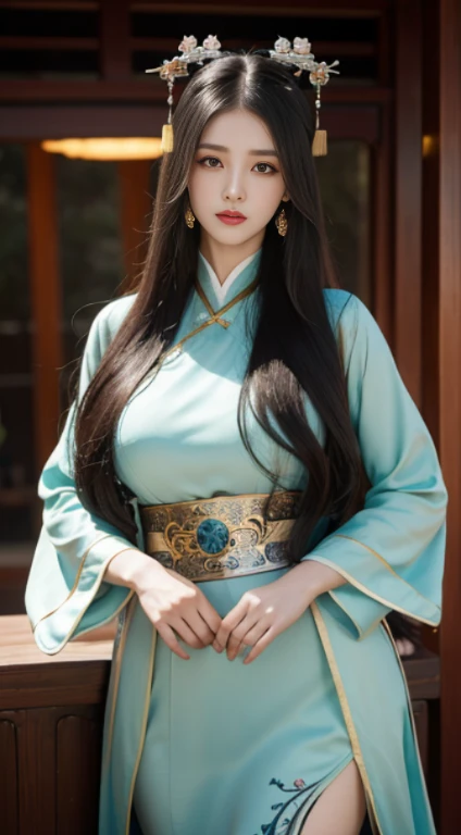 lifelike, High resolution, 1 female, Hips raised, beautiful eyes, long hair, eye socket, jewelry, tattoo, hanfu, Chinese fairy, Taoist clothing