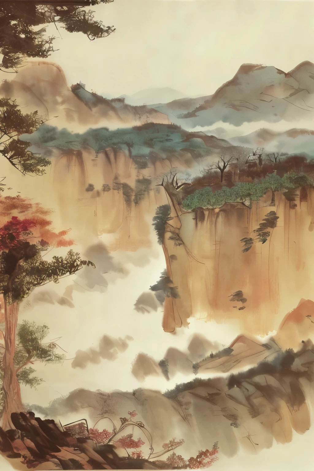 Generating a Chinese landscape painting in ink style on yellow paper,,
Grand landscapes with rough life's mood expressed,
Background set against the warm hue of yellow paper,
Brush strokes capturing the rhythm of nature's grandeur,
Mountains towering, their peaks piercing the heavens,
Rivers winding, echoing life's twists and turns,
Trees standing firm, their branches reaching for the sky,
Cloaked in the relative quiet, a sense of stillness,
Bare trees stripped of leaves, autumn's glimpse,
Seasons' change, their passage demonstrated through brush,
Misty rain, In the lower left corner, an old man climbing a mountain is added