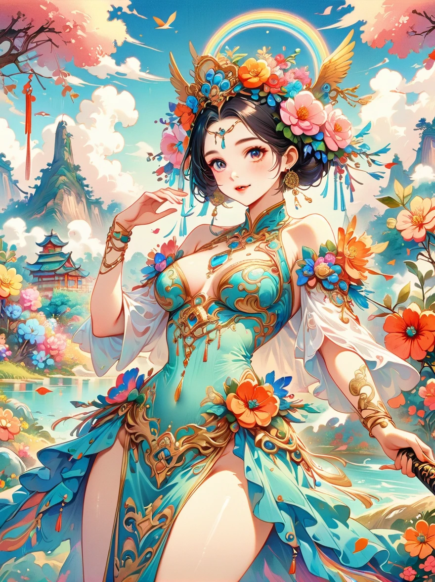 Chinese ink style, Chinese dream landscape, There was a beautiful lady holding a sword, fair and smooth skin, Flowers bloom, It is beautiful and delicate, Gold ornaments, turquoise decoration, Various gemstones, no clothes, Beautiful flowers, goddess, extremely high detail, Very detailed shot of the goddess, Extremely detailed flower goddess, blue sky, Character background with light rainbow halo, Psychedelic Goddess, Goddess Art, Beautiful digital artwork, beautiful goddess, first-person view, pov, cowboy shot, UHD, masterpiece, ccurate, anatomically correct, textured skin, super detail, best quality, 8k