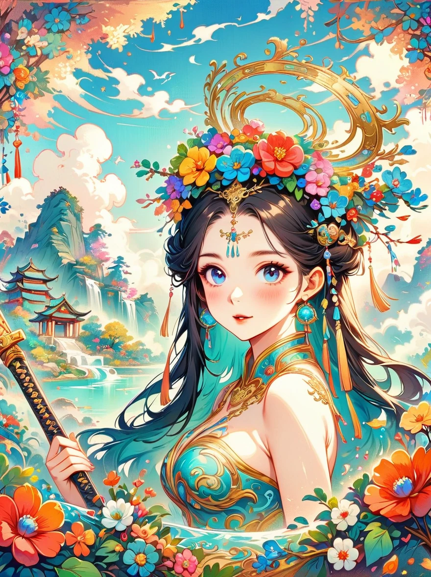 Chinese ink style, Chinese dream landscape, There was a beautiful lady holding a sword, fair and smooth skin, Flowers bloom, It is beautiful and delicate, Gold ornaments, turquoise decoration, Various gemstones, no clothes, Beautiful flowers, goddess, extremely high detail, Very detailed shot of the goddess, Extremely detailed flower goddess, blue sky, Character background with light rainbow halo, Psychedelic Goddess, Goddess Art, Beautiful digital artwork, beautiful goddess, first-person view, pov, cowboy shot, UHD, masterpiece, ccurate, anatomically correct, textured skin, super detail, best quality, 8k