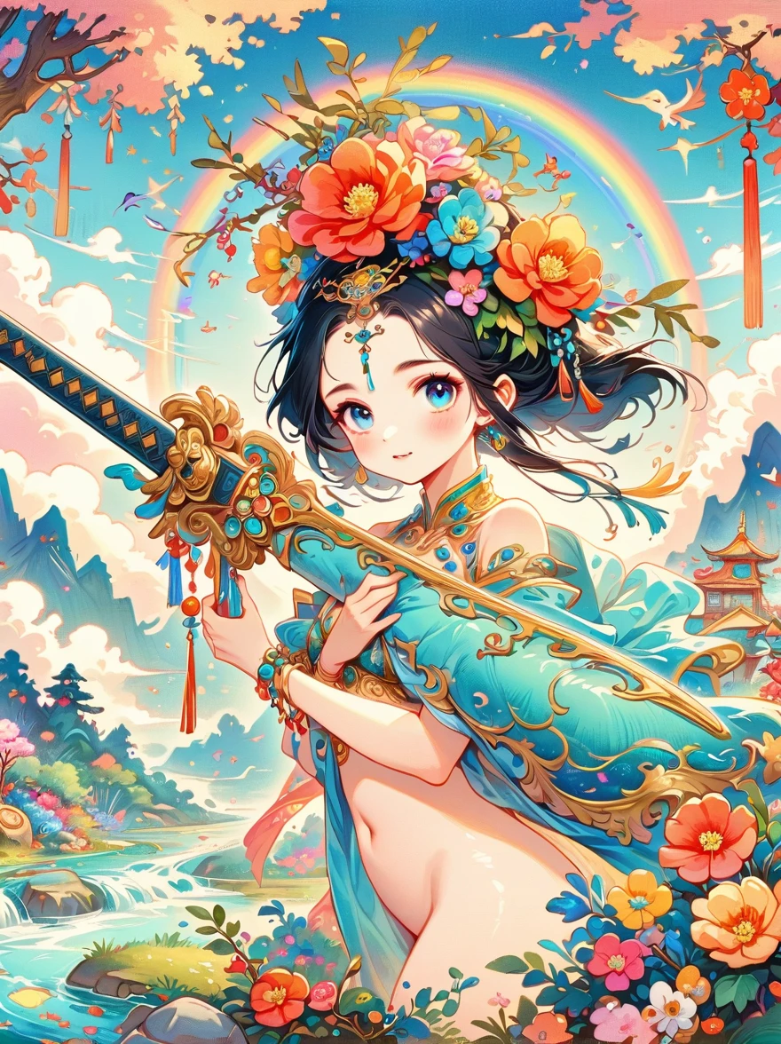 Chinese ink style, Chinese dream landscape, There was a beautiful lady holding a sword, fair and smooth skin, Flowers bloom, It is beautiful and delicate, Gold ornaments, turquoise decoration, Various gemstones, no clothes, Beautiful flowers, goddess, extremely high detail, Very detailed shot of the goddess, Extremely detailed flower goddess, blue sky, Character background with light rainbow halo, Psychedelic Goddess, Goddess Art, Beautiful digital artwork, beautiful goddess, first-person view, pov, cowboy shot, UHD, masterpiece, ccurate, anatomically correct, textured skin, super detail, best quality, 8k