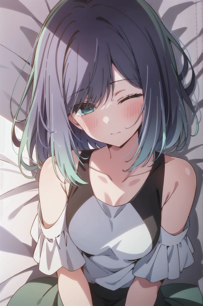 tall body, mature female, eft_oshi_akane, solo, 1girl, blue hair, , multicolored hair, short hair, gradient hair, medium hair, short hair, bangs, green eyes, blue eyes, sleeping on a bed, closed eyes, cute face,