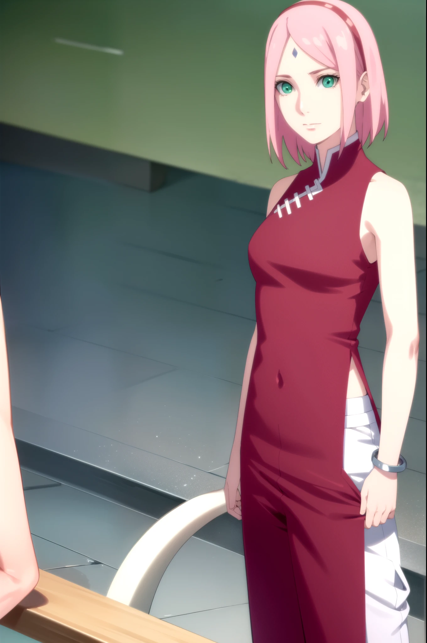 sakuraharuno, sakura uchiha, haruno sakura, short hair, (green eyes:1.3), pink hair, facial mark, forehead mark, hairband,
BREAK jewelry, sleeveless, pants, bracelet, sandals, toeless footwear, white pants, dress, red dress,
BREAK outdoors, city, sun, sky, clouds,
BREAK looking at viewer, (cowboy shot:1.5),
BREAK (masterpiece:1.2), best quality, high resolution, unity 8k wallpaper, (illustration:0.8), (beautiful detailed eyes:1.6), extremely detailed face, perfect lighting, extremely detailed CG, (perfect hands, perfect anatomy),