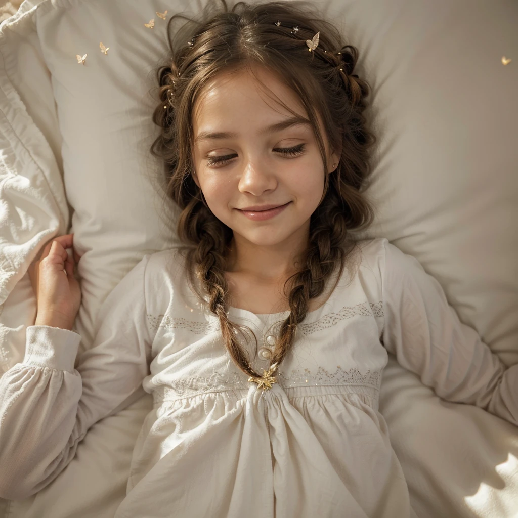 tiny girl,in payamas,on bed,cute face,cute clothes,innocent look,doll-like appearance,little fingers,toy animals beside her,soft lighting,vivid colors,fantasy setting,dreamlike atmosphere,magic sparkles,happy expression,hair in braids,fluffy pillows,fairy tale themed,twinkling stars,soft blankets,morning sunlight,comfortable quilt,peaceful ambiance,mischievous smile,sparkling eyes,adorable posture,cozy and warm,delicate details,gentle breeze,whimsical elements,thoughtful gaze,enchanted room,lively imagination,floating butterflies,serene mood,tranquil backdrop,sparkling dreamland,playful spirit,endless possibilities,joyful presence,innocence captured,beautiful dreamer,blissful sleep,light-heartedness,gentle whispers,delightful dreams,everlasting happiness,magical adventure,treasure-filled journey,fairy dust sparkling in the air