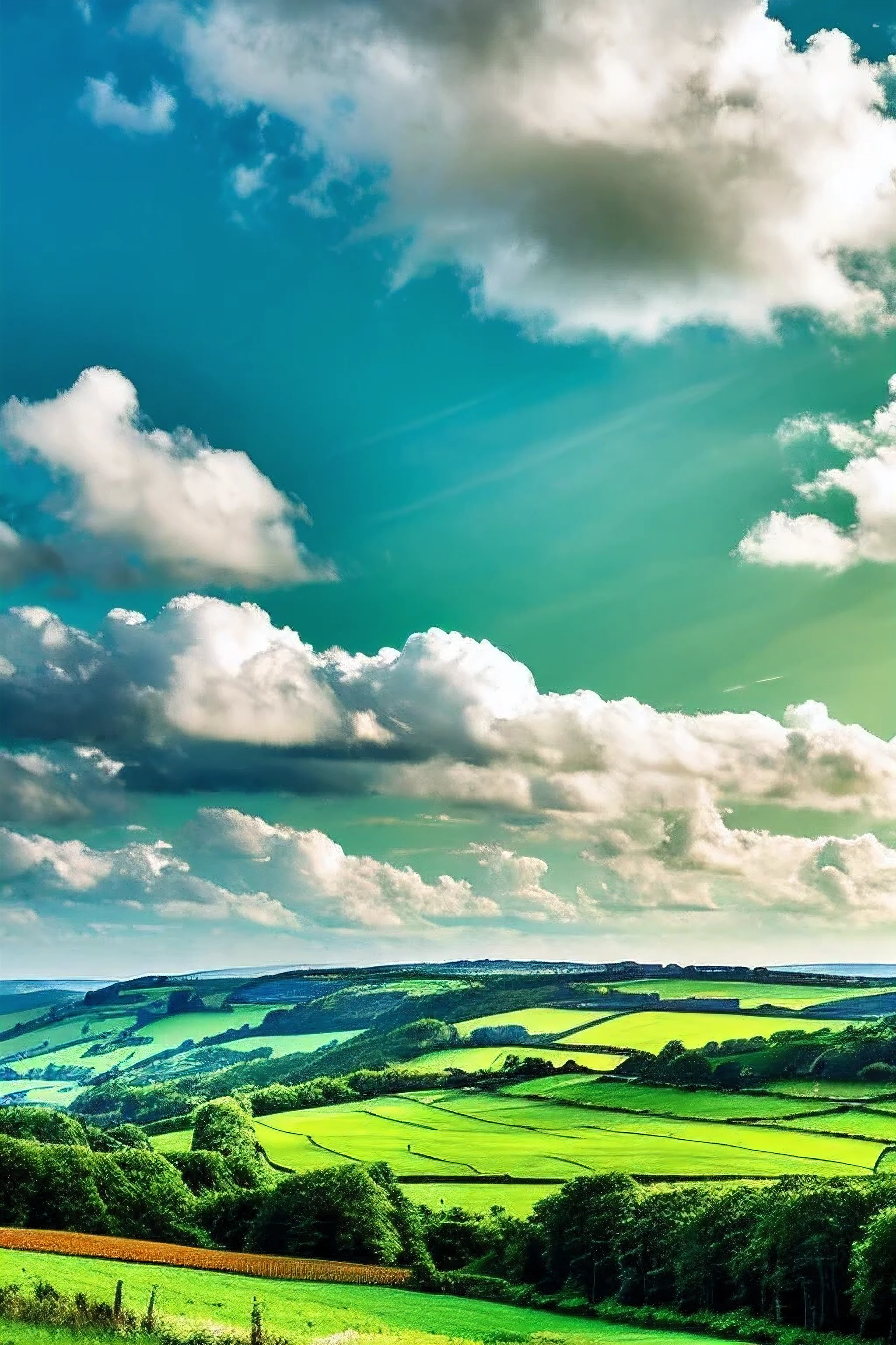 pristine landscape,sky and clouds, green forest, Tyndall effect,a country road,Colorful hot air balloon,High quality desktop wallpaper, verdant forest, Detailed field properties, beautiful english countryside, stunning scenery, rolling hills, landscape wallpaper, lush countryside, Patches of green forest, stunning scenery, Green fields in the background, High quality wallpaper, beautiful wallpaper