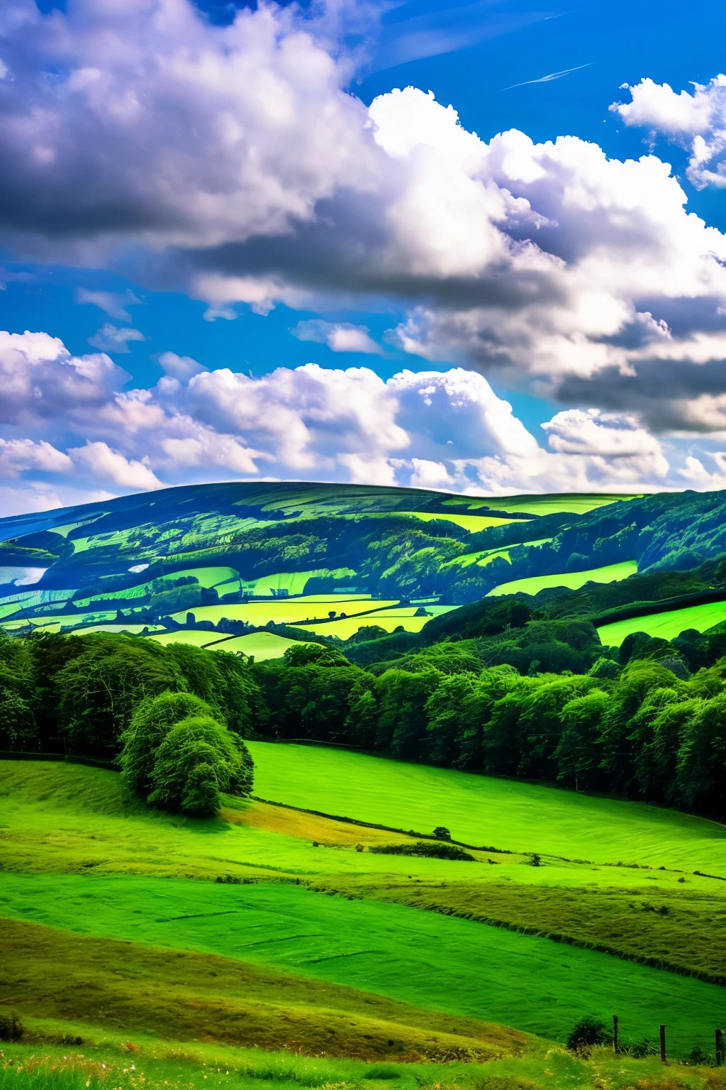 pristine landscape,sky and clouds, green forest, Tyndall effect,a country road,Colorful hot air balloon,High quality desktop wallpaper, verdant forest, Detailed field properties, beautiful english countryside, stunning scenery, rolling hills, landscape wallpaper, lush countryside, Patches of green forest, stunning scenery, Green fields in the background, High quality wallpaper, beautiful wallpaper