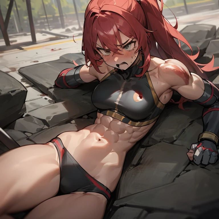 The undefeated female warrior with abdominal muscles was beaten up，Fall to the ground in pain，Obvious abdominal muscles，Abdominal muscle injury and bleeding，covered in blood，Expression of pain