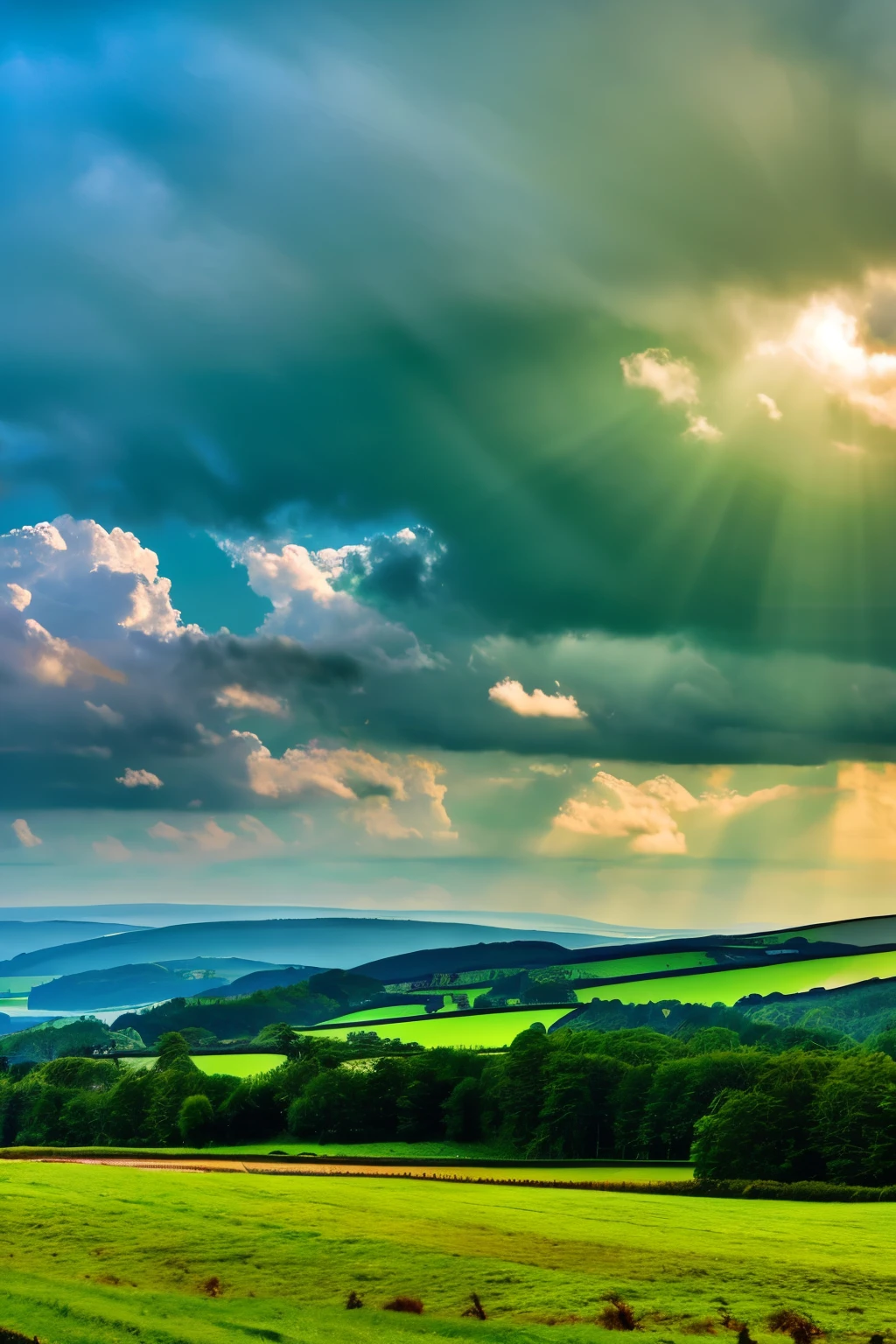 pristine landscape,sky and clouds, green forest, Tyndall effect,a country road,Colorful hot air balloon,High quality desktop wallpaper, verdant forest, Detailed field properties, beautiful english countryside, stunning scenery, rolling hills, landscape wallpaper, lush countryside, Patches of green forest, stunning scenery, Green fields in the background, High quality wallpaper, beautiful wallpaper