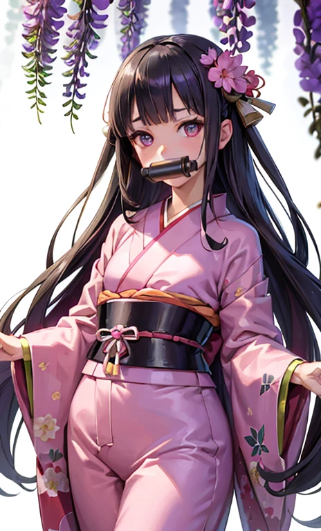 masterpiece, (pink kimono), fascinating face, good lighting, low cut, small details, masterpiece, shining eyes, 1 girl, black hair, gag, bamboo, Nezuko Kamado, wisteria background, masterpiece, highest quality, throw, whole body, wide hips,