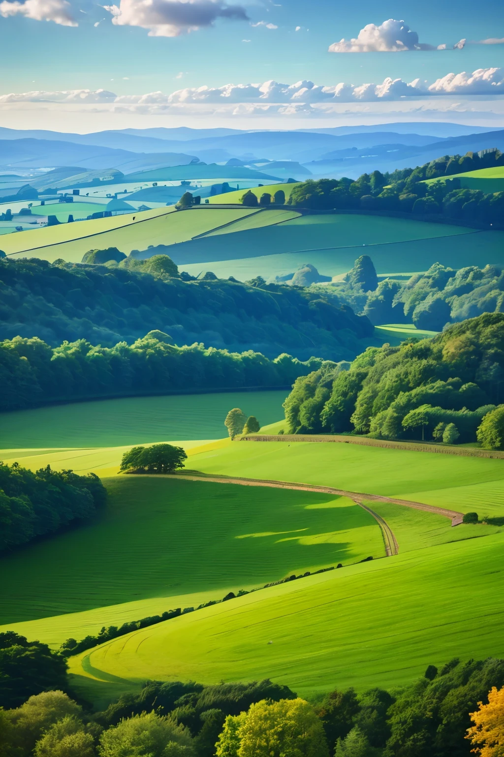 pristine landscape,sky and clouds, green forest, Tyndall effect,a country road,Colorful hot air balloon,High quality desktop wallpaper, verdant forest, Detailed field properties, beautiful english countryside, stunning scenery, rolling hills, landscape wallpaper, lush countryside, Patches of green forest, stunning scenery, Green fields in the background, High quality wallpaper, beautiful wallpaper