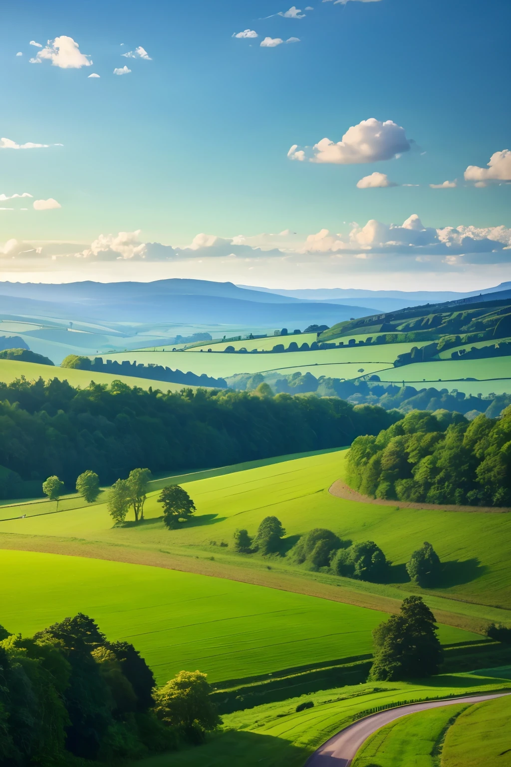 pristine landscape,sky and clouds, green forest, Tyndall effect,a country road,Colorful hot air balloon,High quality desktop wallpaper, verdant forest, Detailed field properties, beautiful english countryside, stunning scenery, rolling hills, landscape wallpaper, lush countryside, Patches of green forest, stunning scenery, Green fields in the background, High quality wallpaper, beautiful wallpaper