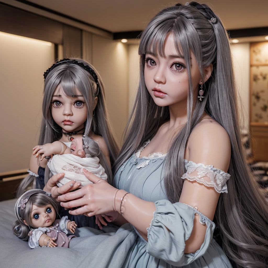 (realistic painting style:0.9), masterpiece, highest quality,  disorganized, looking at the viewer, alone, (グレーのbaby doll:1.5),  Bronya Zaichik, red eyes, big breasts, long hair, gray hair, bangs, gray eyes, earrings, drill hair, hair between eyes, hair ornaments, (baby doll:1.3), See-through, bed, No expression