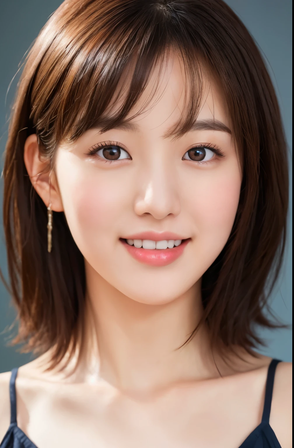 incredibly absurd, beautiful and cute 20-year-old Korean girl with a photorealistic face, showcasing top-quality craftsmanship. Her slender frame adorned with short, messy hair. The artwork high-resolution, allowing for ultra-detailed features to be captured flawlessly. The focus lies on the realistic pupils, showcasing depth and emotion. ((breasts out)) cute smile.