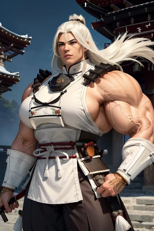 ((Close-up)), tall, (White hair), beautiful muscular geisha, long straight hair, brown skinned, closed smile, (black lipstick), ((massive muscles)), (hyper muscle), ((ginormous bulky muscles)), blue eyes, ((((beautiful long white geisha kimono, long kimono skirt)))), (in a temple)