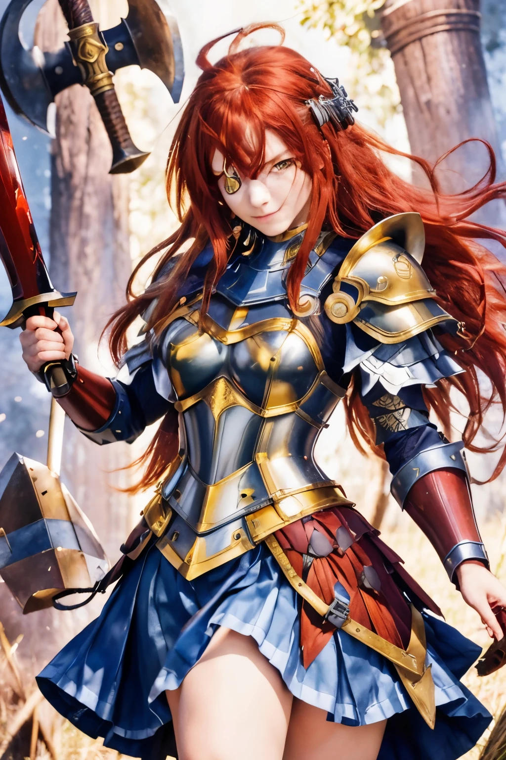 masterpiece, best quality, highres, fairy tail, 1girl, long hair, red hair, golden eyes, armor, shoulder armor, gauntlets, breastplate, armored dress, belt, pleated skirt, blue skirt, field, grass, standing, holding weapon, sword with axe on the end