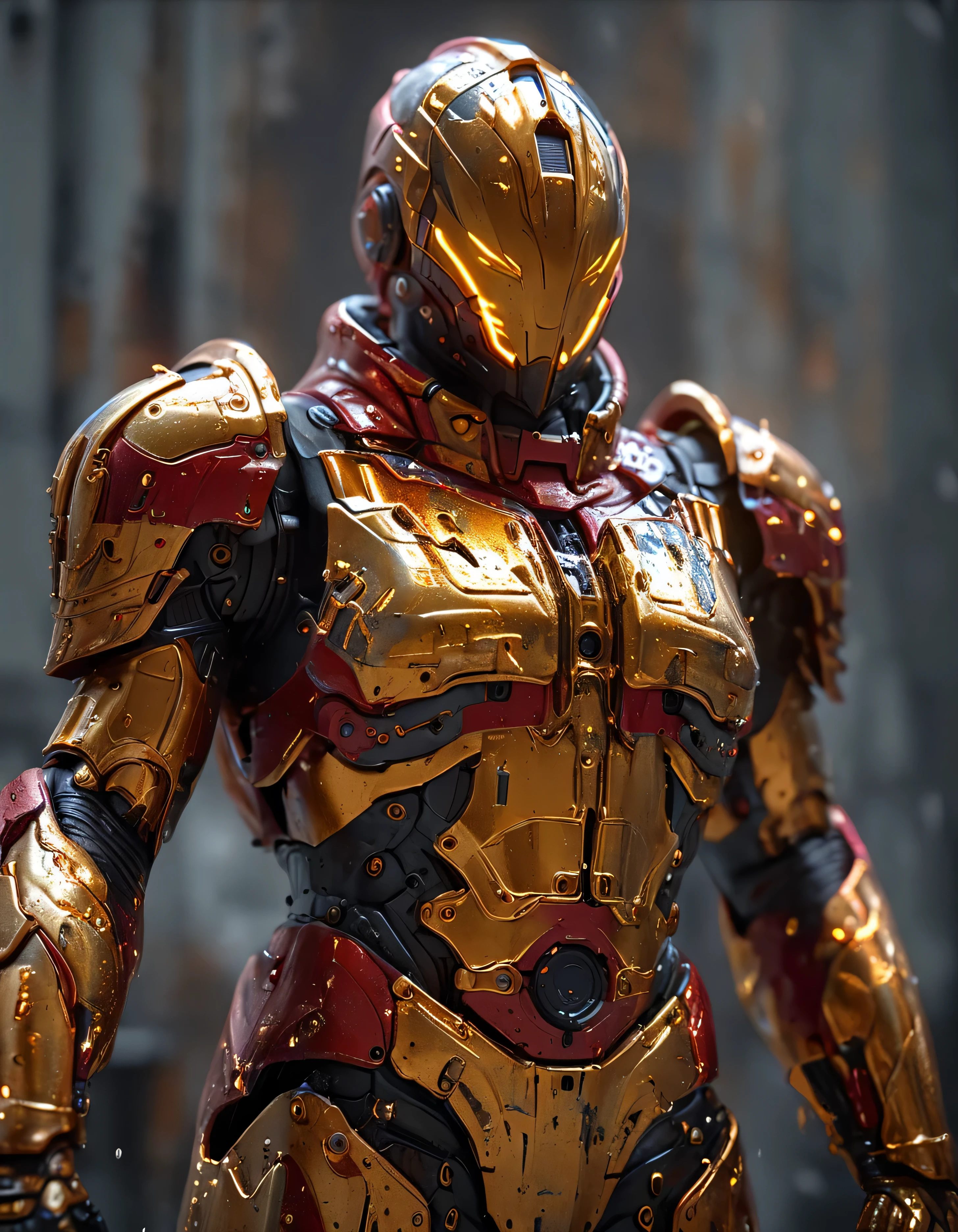 An abstract background of melting liquid with a metallic sheen, gold and grey colors, reflective studio light, Red + gold scifi mech suit, intricate detail, artstation, Japna Gundam, full body image, nreal Engine, DOF, Super-Resolution, Megapixel, Cinematic Lightning, Anti-Aliasing, FKAA, TXAA, RTX, SSAO, Post Processing, Post Production, Tone Mapping, CGI, VFX, SFX, Insanely detailed and intricate, Hyper maximalist, Volumetric, ultra photorealultra-detailed intricate details, Super detailed, Full color Volumetric lightning, Realistic, Hyper realistic, Photorealistic, Unreal Engine, 8K --ar 16:9 --niji 5