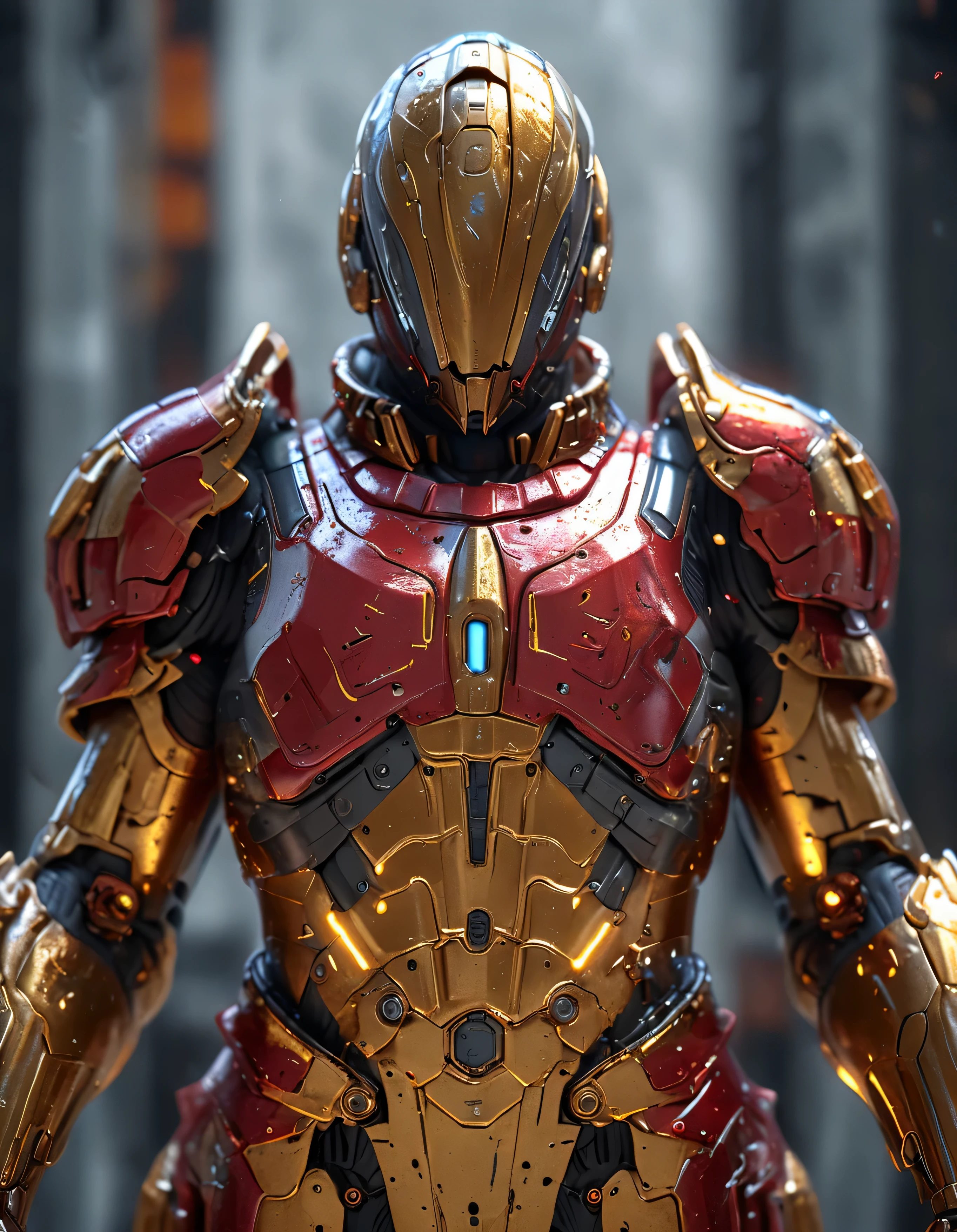 An abstract background of melting liquid with a metallic sheen, gold and grey colors, reflective studio light, Red + gold scifi mech suit, intricate detail, artstation, Japna Gundam, full body image, nreal Engine, DOF, Super-Resolution, Megapixel, Cinematic Lightning, Anti-Aliasing, FKAA, TXAA, RTX, SSAO, Post Processing, Post Production, Tone Mapping, CGI, VFX, SFX, Insanely detailed and intricate, Hyper maximalist, Volumetric, ultra photorealultra-detailed intricate details, Super detailed, Full color Volumetric lightning, Realistic, Hyper realistic, Photorealistic, Unreal Engine, 8K --ar 16:9 --niji 5