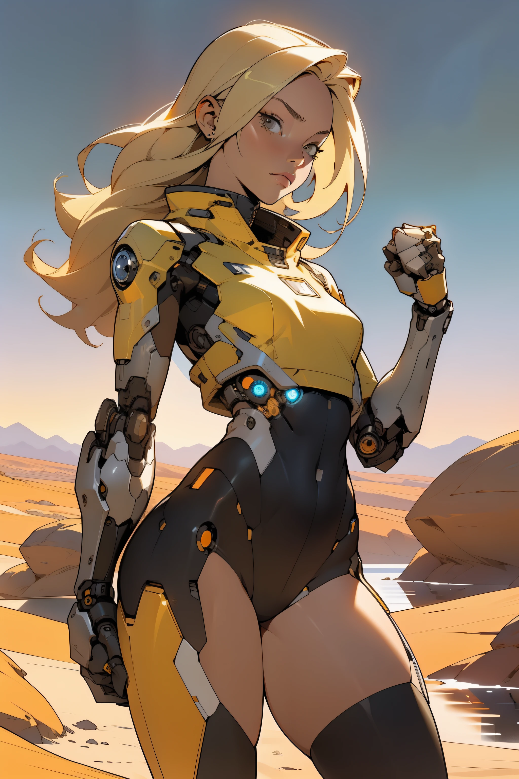 high quality, 4k, masterpiece, beautiful, cyborg girl, cowboy shot, dull eyes, front, looking at viewer, long blonde hair, girl, small breasts, fit thighs, robotic arms, robotic body, cyborg body, yellow & white uniform, orange accent, intricate detail, joint, detailed lines, robotic detail, holding fist up, holding hand up as fist, color robotic parts, robotic parts with color, perfect fingers, on a desert planet, sunny background, colorful desert, a river or a lake in the background, slender thighs, skinny thighs,