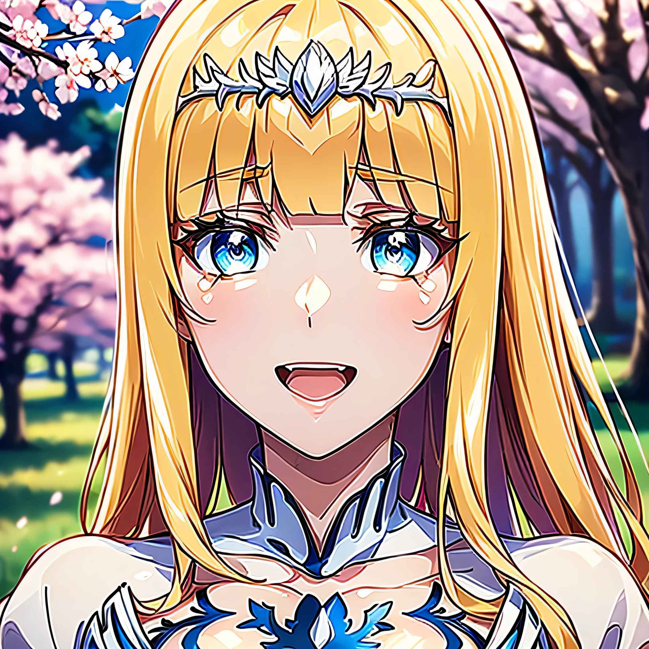 ((masutepiece, Best Quality, hight resolution, , Perfect Pixel, depth of fields, 4K, , ))), ,, Beautiful anime girl, Beautiful Art Style, Anime Character,, rounded eyes, Beautiful eyelashes, Realistic eyes, ((Detailed face, Blushing:1.2)), ((Smooth texture:0.75, Realistic texture:0.65, Photorealistic:1.1, Anime CG style)), ((medium breasts, cleavage, busty)), Dynamic Angle, Perfect body, ((POV, Selfie Pose, Portrait)), , Smile, Open mouth, ((The cherry tree, Cherry blossoms fall)), 1angel, Calca, blonde hair, extremely long hair, super long hair, incredibly long hair, absurdly long hair, white tiara, white dress, blue eyes, medium breasts, two angel wings, large white wings.