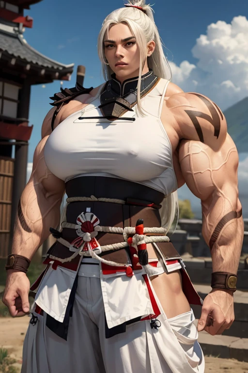((((Massive tall, beautiful, buff, brown skinned muscular woman samurai with white hair, ginormous bulky muscles and glad in samurai white armor with pants)))), close view, massive muscle, massive biceps, hyper muscle shoulders, massive shoulders, hyper muscle triceps, (long straight hair), blue eyes, (samurai boots), determined look, ((in a battlefield)), evening, hyper vascular arm, hyper muscles arms, hyper muscle legs, massive arms.