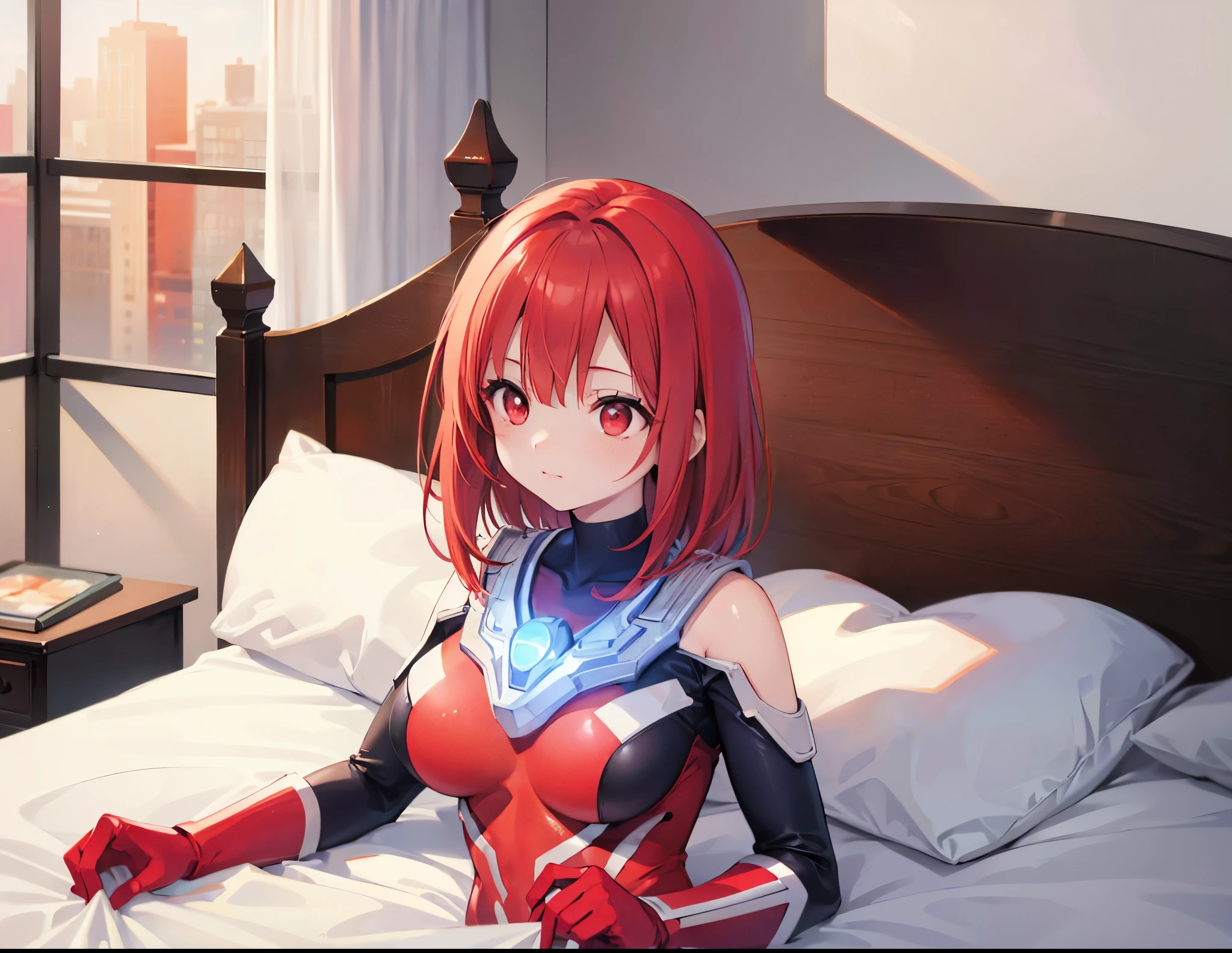 (Close-up:1.3),realistic,highest quality, ultra detail, High-quality CG rendering, The most delicate and beautiful, Floating softly, High resolution, (1 girl), (Highest image quality,4K,8K,masterpiece:1.2),(All red hair:1.5), (medium hair:1.5),(red eyes:1.5), (ultra girl:1.0), (red ultraman ????????:1.4),(Slightly larger ???????:1.5), red gloves,red shoes, inside the room,lying on the bed,Defeated,sleep,Are sleeping,Upper body