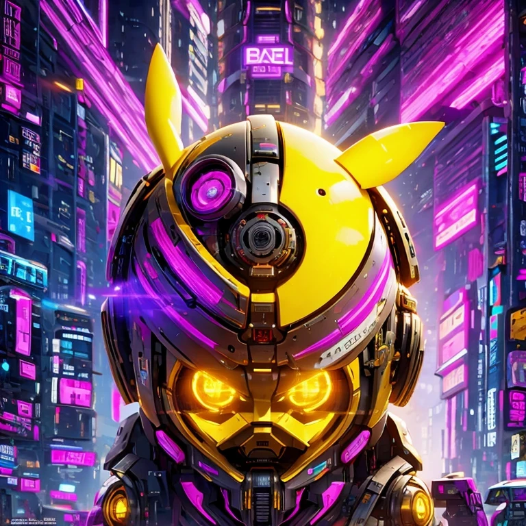 a close up of a robot with a glowing head and a purple background, cyber mech, in style of beeple, cyberpunk pikachu, style hybrid mix of beeple, 3 d render beeple, cute elaborate epic robot, beeple masterpiece, cyberpunk art style, yellow mech, beeple!!, cyber steampunk 8 k 3 d