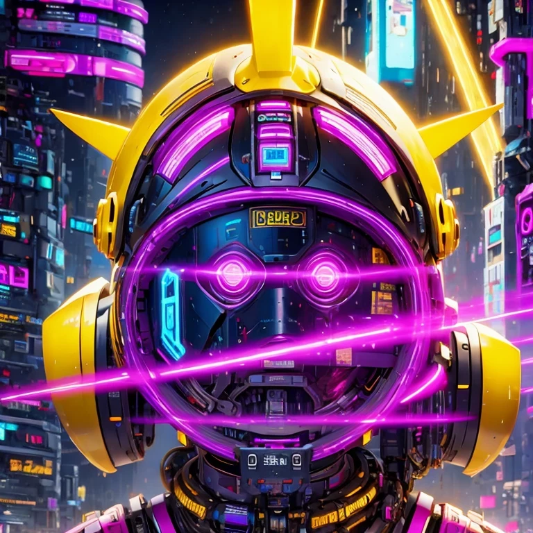 a close up of a robot with a glowing head and a purple background, cyber mech, in style of beeple, cyberpunk pikachu, style hybrid mix of beeple, 3 d render beeple, cute elaborate epic robot, beeple masterpiece, cyberpunk art style, yellow mech, beeple!!, cyber steampunk 8 k 3 d