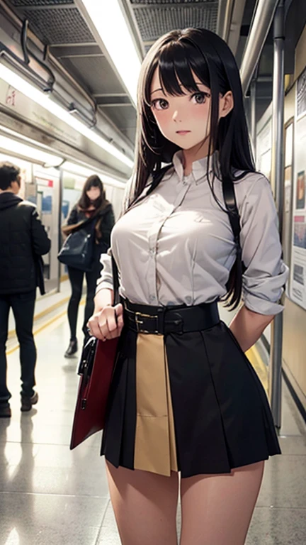 Tetsuo Hara, Matt Fox, Surreal, mysterious, bizarre, fantastical, fantasy, sci-fi, Japanese anime A beautiful girl in a miniskirt holds a book that no one can read on the subway, The girl did not realize that she had stepped into the labyrinth of the story, Alice on the subway, perfect voluminous body, Tealess Tea Party, Anatomical Psychology Laboratory, The Story of an Endless Labyrinth City, detailed masterpiece Hyper realistic sharp focus happy embarrassed shy blushing real sexy erotic coquettish seducing looking at viewer longingly