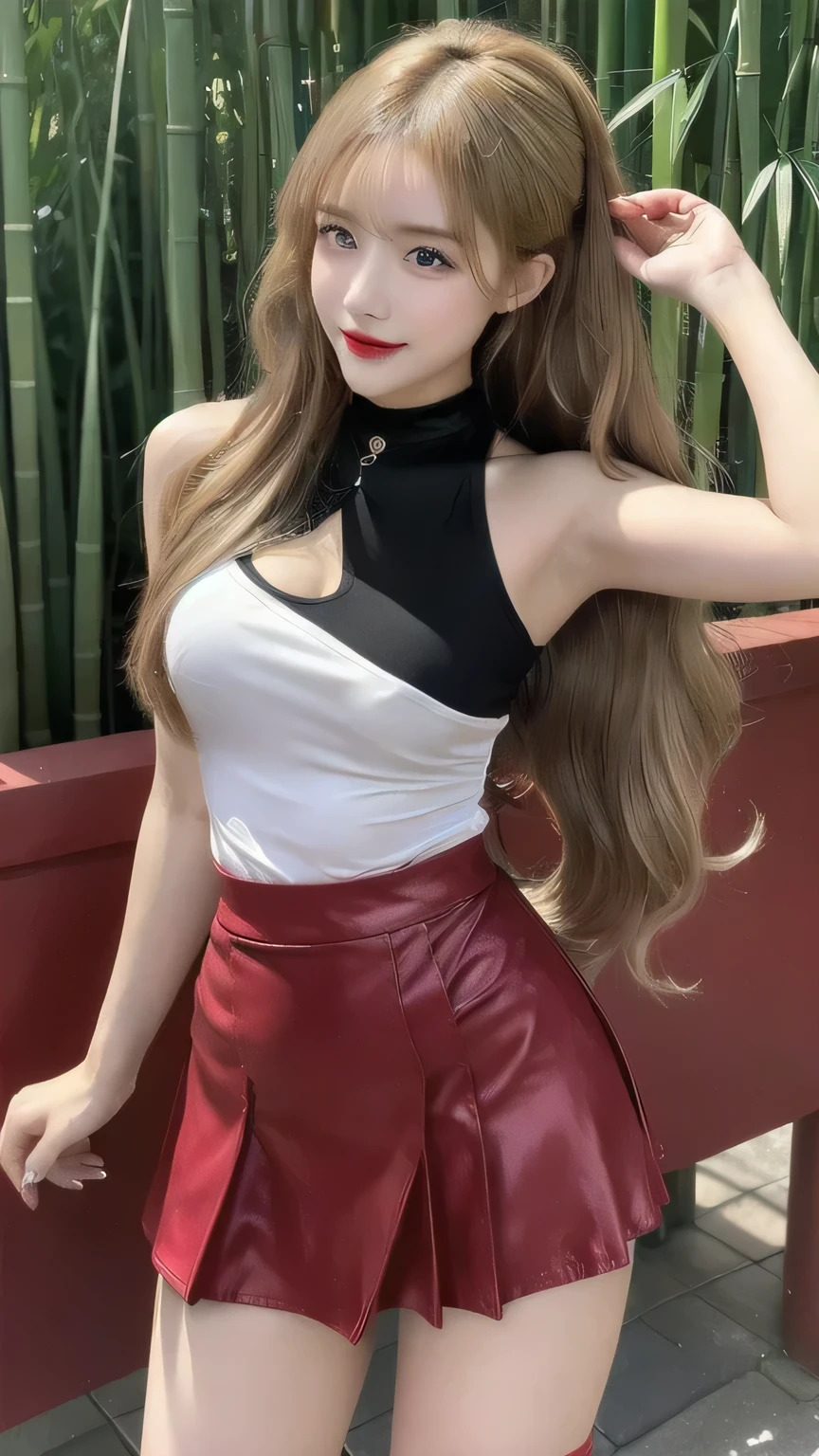 Female1people々,(full body figure:1.2), (nine-headed body:2.0), (thin thighs), (long and thin legs: 2.0),(Knee Stretch:2.0),(Height 2/3 is the foot:2.0), (pumps:1.2), Transparent white glossy skin, 25 years old, Cute sexy little face, red lips, parted lips, ( Hair parted to one side:1.5), blue eyes, sexy face, Sexy young woman, long blonde shiny hair,Eyebrows are the same color as hair, choker,(Red silk top :1.3)(Red silk long skirt :1.3), pantyhose, natural wavy hair, almond eye, Beautiful smile, My cheeks turned red, Medium chest, slender body shape, tight waist, small ass, (people々)The visible part of the thigh between the skirts, beautiful hands, thin shoulders, look at the audience, Skirt blowing in the wind, Standing position, tropical island々, bamboo forest morning