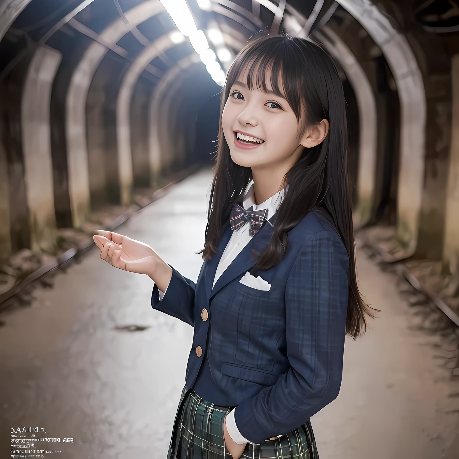 (highest quality、masterpiece:1.2)、highest quality、realistic、photograph、High resolution、1080p、8K、The face is especially pale., physical rendering、((Height: 155cm)), one Japanese girl、((Siren in the form of a 15-year-old Japanese junior high school student)), ((((Siren in the form of a beautiful girl fashion model from a Japanese magazine)))), , (((big very detailed beautiful dark brown eyes))), ((blue girly large wine-red glossy polyester Japanese school ribbon bow tie)), (((black beautiful long twin braids hair))), ((((deep blue colored tartan checkered formal long pleated pleated skirt)))), ((A unpatterned formal dark blue blazer in solid that is slightly oversized and has an emblem on the left chest.)), ((((((laughing at me!)))))), mouth is open, The large blazer and skirt are very cute., detailed fingers, Slender body, ((curled bangs)), so beautiful, long eyelashes, ((Very big and very very very cute eyes of a Japanese girl)), ((large pupils)), double eyelids, The entire skirt is photographed, thin eyebrows, ((drooping eyes)), ((very long eyelashes)), ((cute lovely lovely laughing laughing cheeks)), ((Pure white light hits her face from above and in the front, making her skin and eyes shine beautifully.)), ((Strong light hits the nose and cheeks、It brings out the richness of the expression.)), (((((Her face is expressive, pure and very intelligent.))))), ((looking back at the viewer)), (((((A a gorgeous underground evil demoniac chapel!!))))), ((shot from her back))