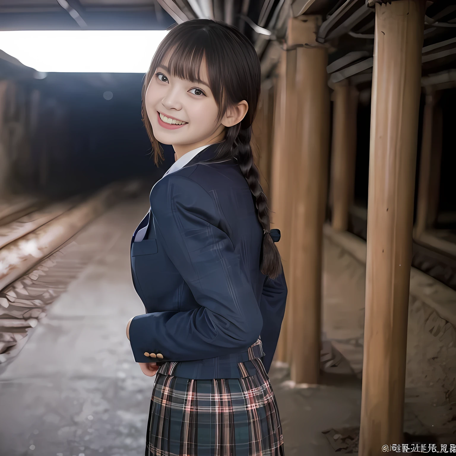 (highest quality、masterpiece:1.2)、highest quality、realistic、photograph、High resolution、1080p、8K、The face is especially pale., physical rendering、((Height: 155cm)), one Japanese girl、((Siren in the form of a 15-year-old Japanese junior high school student)), ((((Siren in the form of a beautiful girl fashion model from a Japanese magazine)))), , (((big very detailed beautiful dark brown eyes))), ((blue girly large wine-red glossy polyester Japanese school ribbon bow tie)), (((black beautiful long twin braids hair))), ((((deep blue colored tartan checkered formal long pleated pleated skirt)))), ((A unpatterned formal dark blue blazer in solid that is slightly oversized and has an emblem on the left chest.)), ((((((laughing at me!)))))), mouth is open, The large blazer and skirt are very cute., detailed fingers, Slender body, ((curled bangs)), so beautiful, long eyelashes, ((Very big and very very very cute eyes of a Japanese girl)), ((large pupils)), double eyelids, The entire skirt is photographed, thin eyebrows, ((drooping eyes)), ((very long eyelashes)), ((cute lovely lovely laughing laughing cheeks)), ((Pure white light hits her face from above and in the front, making her skin and eyes shine beautifully.)), ((Strong light hits the nose and cheeks、It brings out the richness of the expression.)), (((((Her face is expressive, pure and very intelligent.))))), ((looking back at the viewer)), (((((A a gorgeous underground evil demoniac chapel!!))))), ((shot from her back))