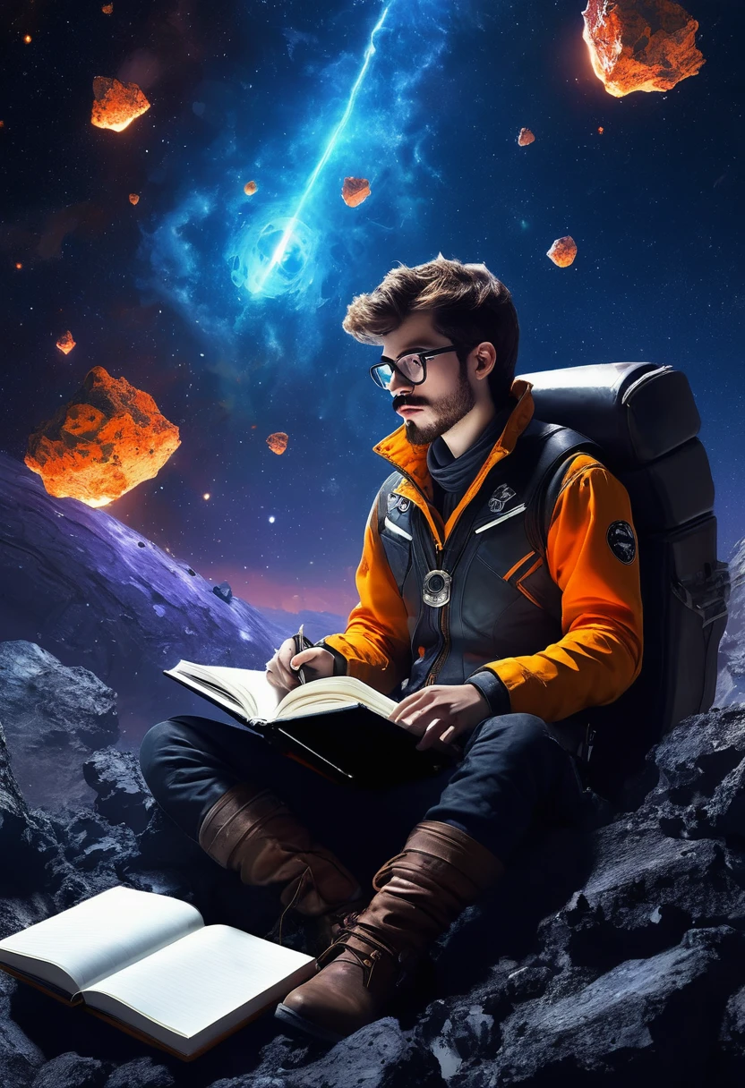 Draw a young programmer, sitting on a research platform floating in the middle of an asteroid belt. He is studying with a notebook, surrounded by several asteroids glowing with fiery auras. Dramatic lighting from distant stars and planets illuminates the scene, casting deep shadows on the suit. The young man looks confident and determined, looking at the vast and mysterious universe with wonder and respect,facial hair, cowboy shot,