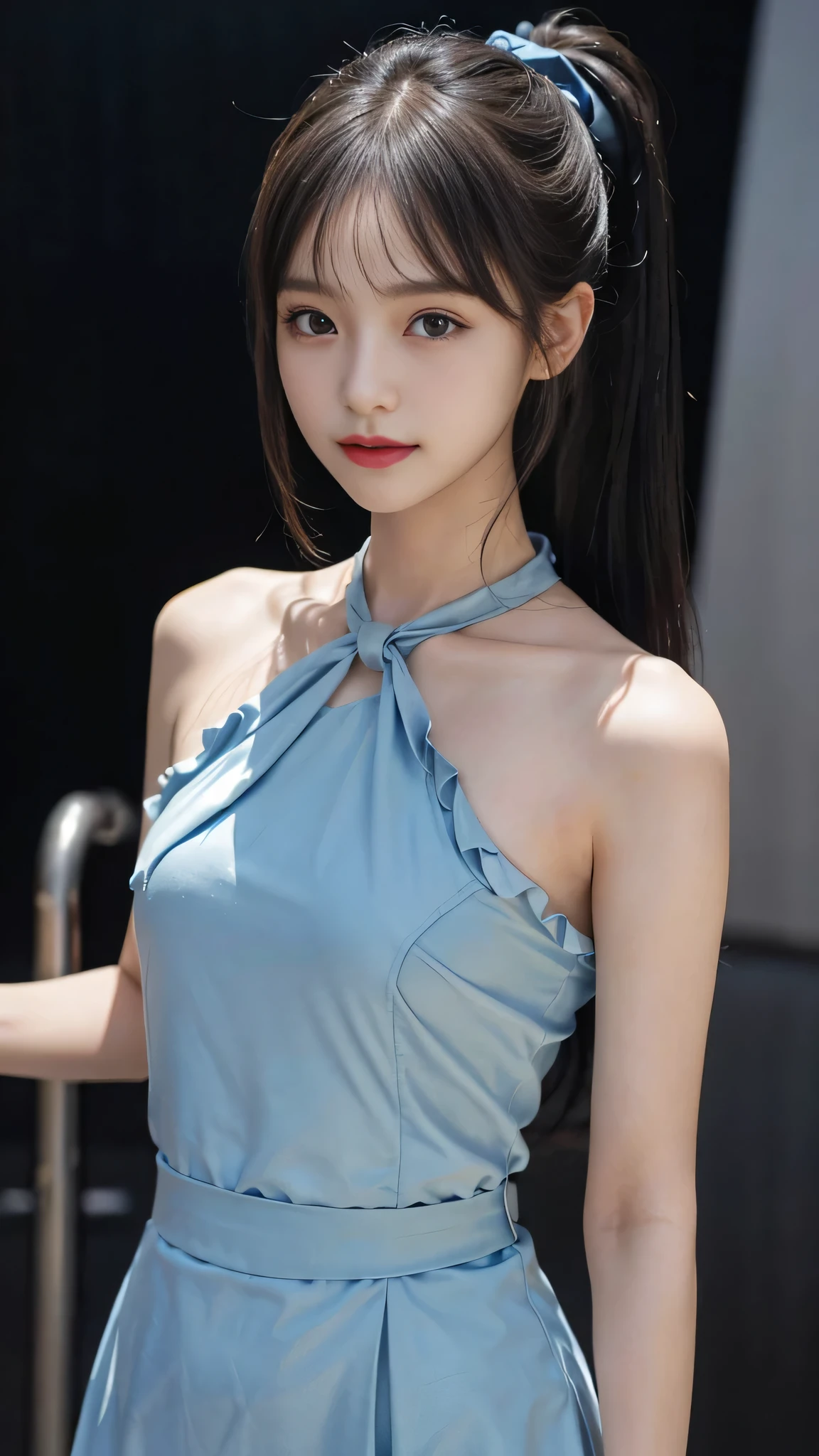 Close up face,standing on stage,Blue colored long dress with lots of ruffles,One woman,masutepiece, The highest image quality, High quality, the background is clear,Beautiful woman, Japanese, Detailed, Detailed eyes, Detailed skin, Beautiful skin, 超hight resolution, (reality: 1.4),Very beautiful woman, Slightly younger face, Beautiful skin, slender, (Ultra photo realsisim), (hight resolution), (8K), (Very detailed) (beautifully detailed eyes), (super detailed), (Detailed face), view the viewer, Fine details, Detailed face, Staring straight ahead, Staring straight ahead, photos realistic, Bright lighting, Professional Lighting, Black hair,poneyTail,a baby face,fifteen years old,Hairstyle is ponytail,long ponytail hairstyle,slight smile,neat and tidy clothing,Beautiful Japanese KPOP idol photo, hair style is ponytail, my eyes are double and wide, baby face, smile and look straight ahead, slender, small breasts,Blue ribbon on head,Close up face,