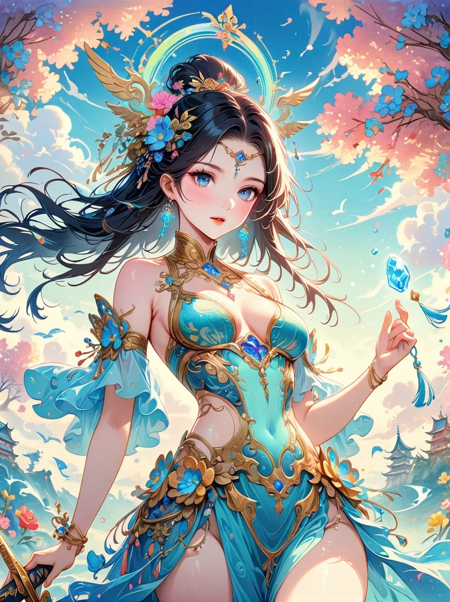 Chinese ink style, Chinese dream landscape, There was a beautiful lady holding a sword, fair and smooth skin, Flowers bloom, It is beautiful and delicate, Gold ornaments, turquoise decoration, Various gemstones, no clothes, Beautiful flowers, goddess, extremely high detail, Very detailed shot of the goddess, Extremely detailed flower goddess, blue sky, Character background with light rainbow halo, Psychedelic Goddess, Goddess Art, Beautiful digital artwork, beautiful goddess, first-person view, pov, cowboy shot, UHD, masterpiece, ccurate, anatomically correct, textured skin, super detail, best quality, 8k