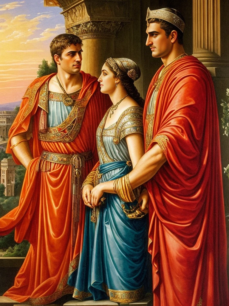 In the heart of the ancient Roman Empire, a magnificent and lyrical scene unfolds as Emperor Constantine the Great stands beside his beloved, Serdica. The sun sets softly, painting the sky with hues of orange and pink, as the refreshing breeze of early summer caresses their faces.

This romantic scene is beautifully captured in a high resolution, photorealistic image. The emperor, dressed in his imperial robes, gazes at Serdica with deep affection, his eyes reflecting the pure love they share. Serdica, radiant and beautiful, looks back at her beloved emperor with a gentle smile.

The background, a breathtaking urban scene, showcases the epic grandeur