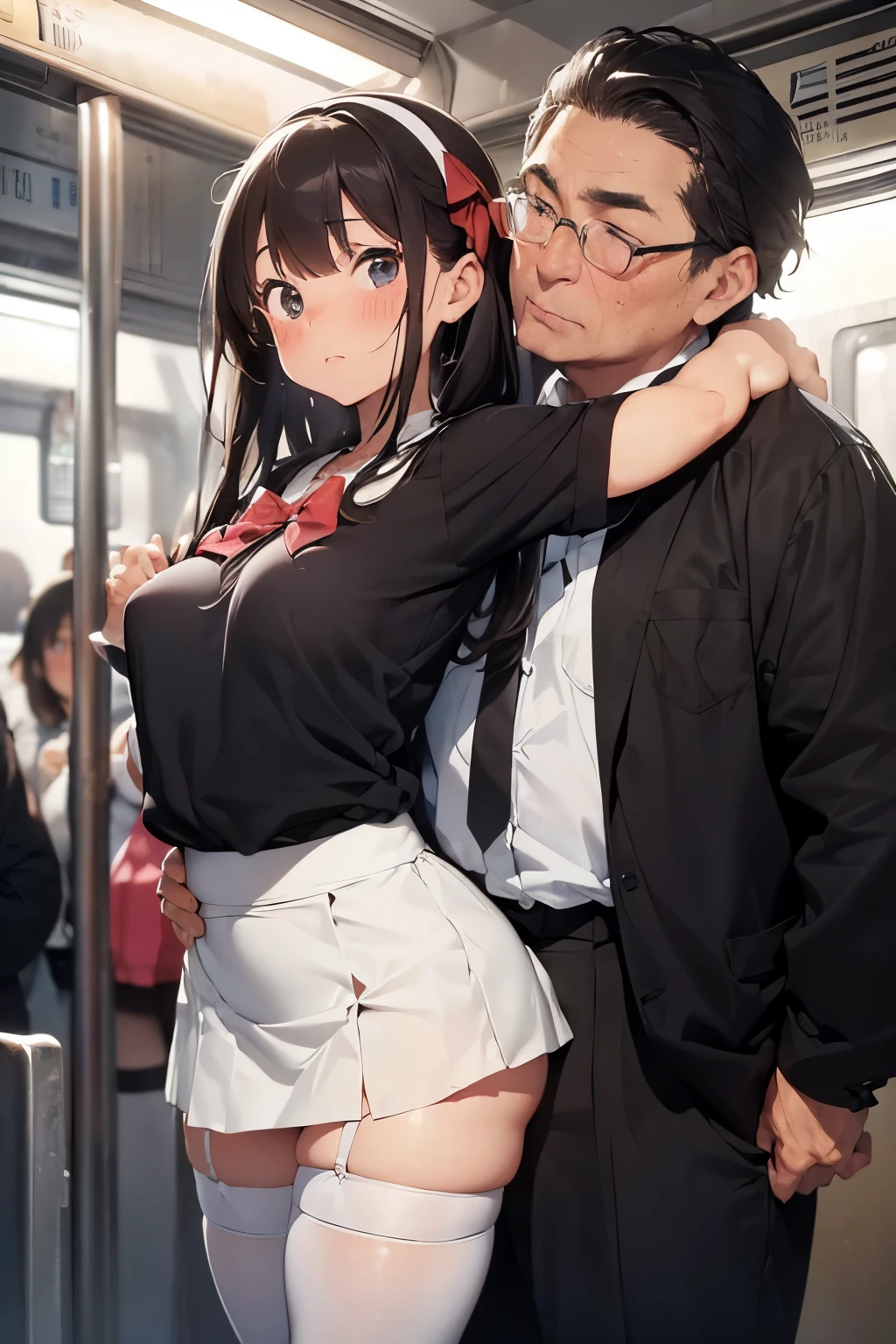 (SFW), ((photorealistic)), (masterpiece), (best quality:1.3), absurdness, [:intricate details1.3], SFW, realistic, masterpiece, (VERY crowded subway train interior detailed scenario, VERY crowded subway train interior detailed background), standing insanely hot (young  girl1) using sexy ((skirt)), ((behind skirt lifted)), ((3/4 white stockings, big ass)), ((thick thighs)), (fear expression), (blushed face), (perfect body proportions)), old small man ass groping young small 1 from behind, (((old small man pressing his chest on young woman 1 back))) and (((holding her waist behind her)))