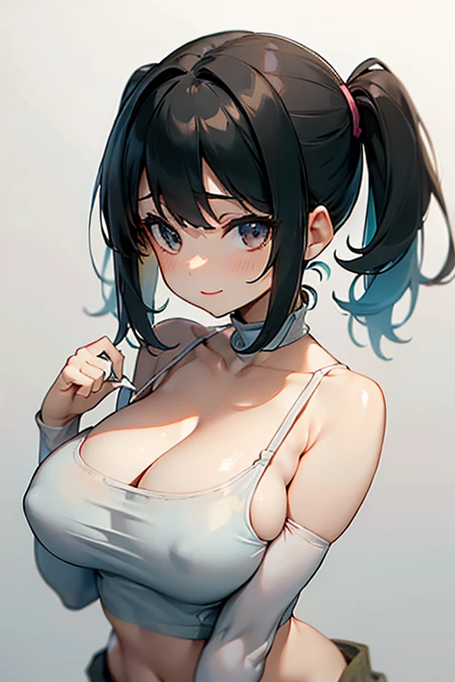 (Low Saturation:1.5),anime,1girl,pov,masterpiece,Awards, high quality,High resolution,HD,4K,8K,high quality,portrait,simple background,closeup upperbody,white clothes,Independently deformed breasts,shruged,viscous paint,(swiping breasts:1.3),oily skin,Slimy Cleavage,(Cleavage Bulge,deformed to flat breasts:1.4),(Medium breasts:1.2),Compressed chest,camisole,Crop tops,(Enhance breasts pose:1.3),sriped strap,perspective,perfect skin,smile,pale color tone,(grayscale:0.5),one point color