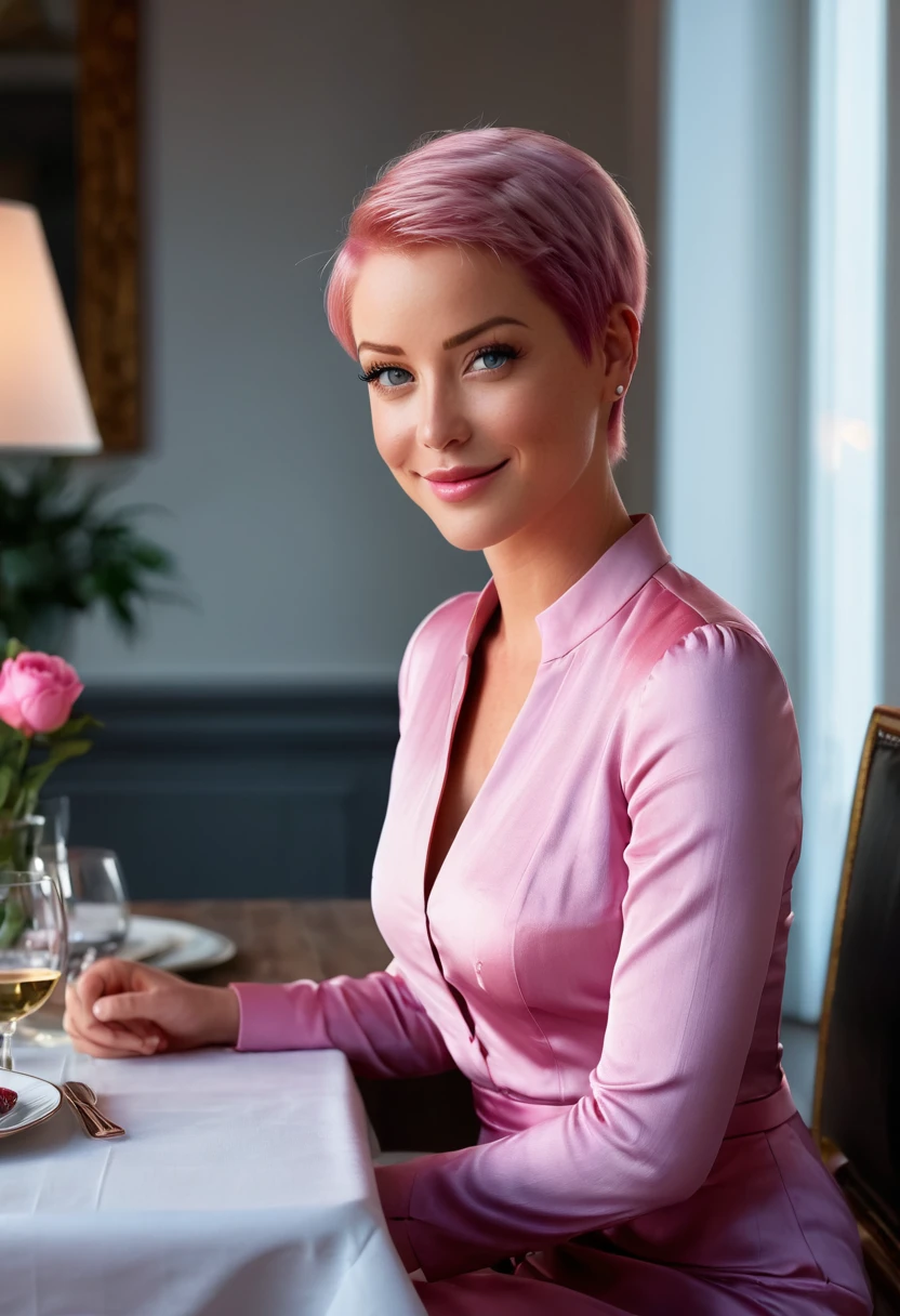 Create a realistic 8K image of Laurence Bedard, the model, with short pink hair, she has blue eyes, dressed in formal attire. She is seated at a dining table indoors, illuminated by subtle indoor lighting. Laurence is depicted with a calm expression, smiling gently and looking away from the viewer, evoking a serene and relaxed atmosphere.