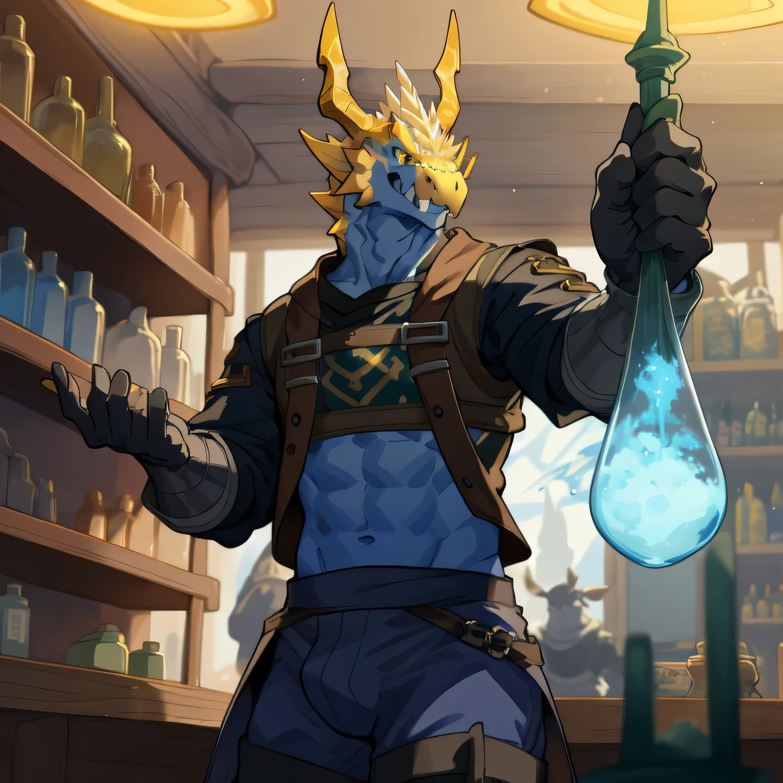 On the counter of a shop full of glowing potions，Dragon in medieval tights，There is a huge bulge in the pants，Greet you with a warm smile，Oblique view