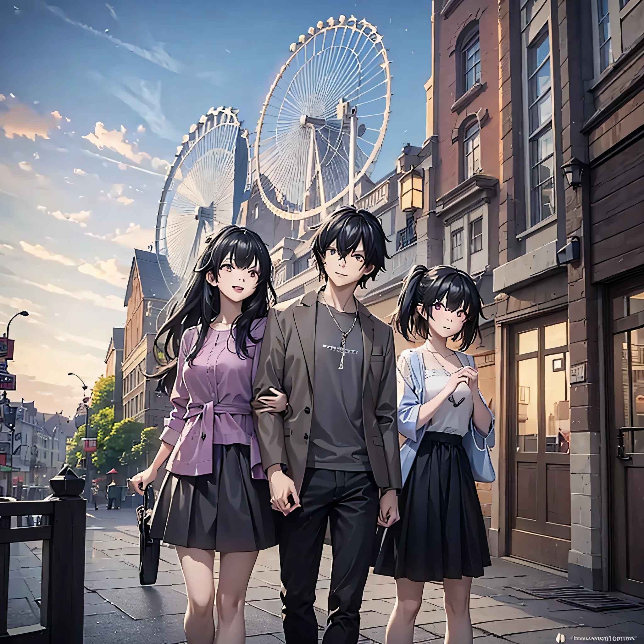 A man with his wife and daughter (daughter similar to his wife), wearing casual clothes in an amusement park with different toys, smiling,HDR, ultra resolution, well defined, masterpiece, 8K HD.
