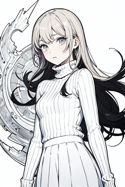 ((highest quality)), ((masterpiece)), (be familiar with), perfect face、girl、line drawing、anime style、Flaxen Turtleneck Sweater、Show the whole body、draft、monochrome、rough、long hair、black hair、cool、Calm、long skirt、Shoulder a rifle、droopy eyes、Raised eyebrows

