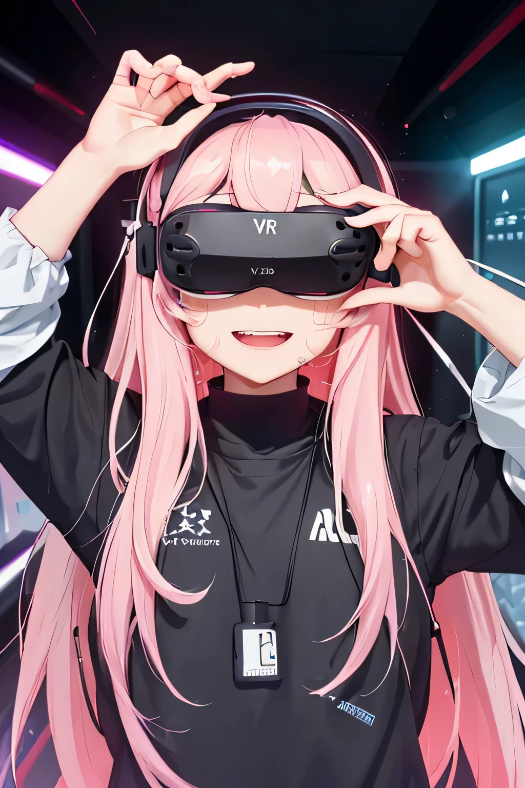 (highest quality:1.4)、High resolution、detailed background、anatomically correct、
A girl excitedly wearing VR goggles in a dark room、I'm extremely excited、
His eyes are wide open and he is immersed in the experience inside the goggleouth slightly open or smiling、
A part of the body is moving slightly、
Your hands are shaking slightly or your body is swaying back and forth、
A slight redness on the face and neck due to an increased heart rate、
Being completely immersed in the VR experience reduces your reaction to external stimuli
