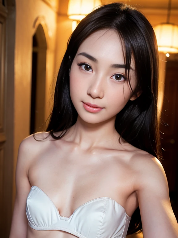 23 year old woman, asian woman, smooth skin, shoulder length brown hair, bright azure eyes, thin eyebrows, fair skin, blushing cheeks, perfect body, small breasts, white strapless bra, castle hallway, eye contact, seductive smile, high detail, feminine facial features, slim, slender, high resolution, real girl, realism, realistic, soft lighting