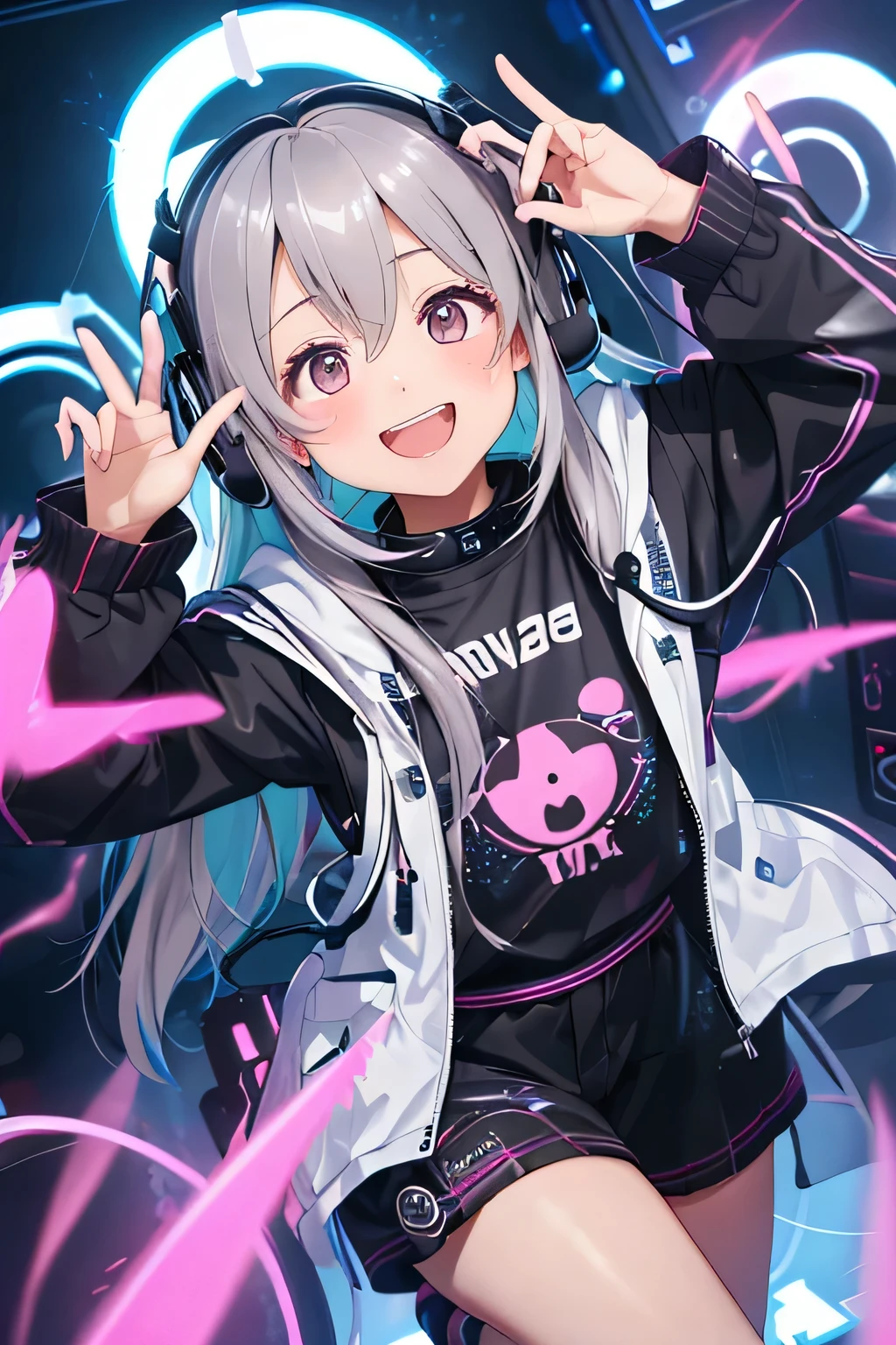 (highest quality:1.4)、High resolution、detailed background、anatomically correct、
A girl excitedly wearing VR goggles in a dark room、I'm extremely excited、
His eyes are wide open and he is immersed in the experience inside the goggleouth slightly open or smiling、
A part of the body is moving slightly、
Your hands are shaking slightly or your body is swaying back and forth、
A slight redness on the face and neck due to an increased heart rate、
Being completely immersed in the VR experience reduces your reaction to external stimuli