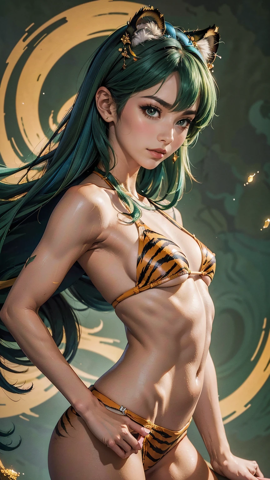 ((最high quality, 8K, masterpiece: 1.3, Ultra HD, high quality, 最high quality, High resolution, realism)) 、(high color saturation:1.0), (highly detailed skin), (最high quality:1.0), (超High resolution:1.0) ,(realistic:1.0), (Super detailed:1.0), (8K, Raw photo:1.1), slender、Slender, muscular body that's toned like an athlete's、Urusei Yatsura no Ram-chan、Wear a tiger print micro bikini、long hair、hair color is green、pastel green background