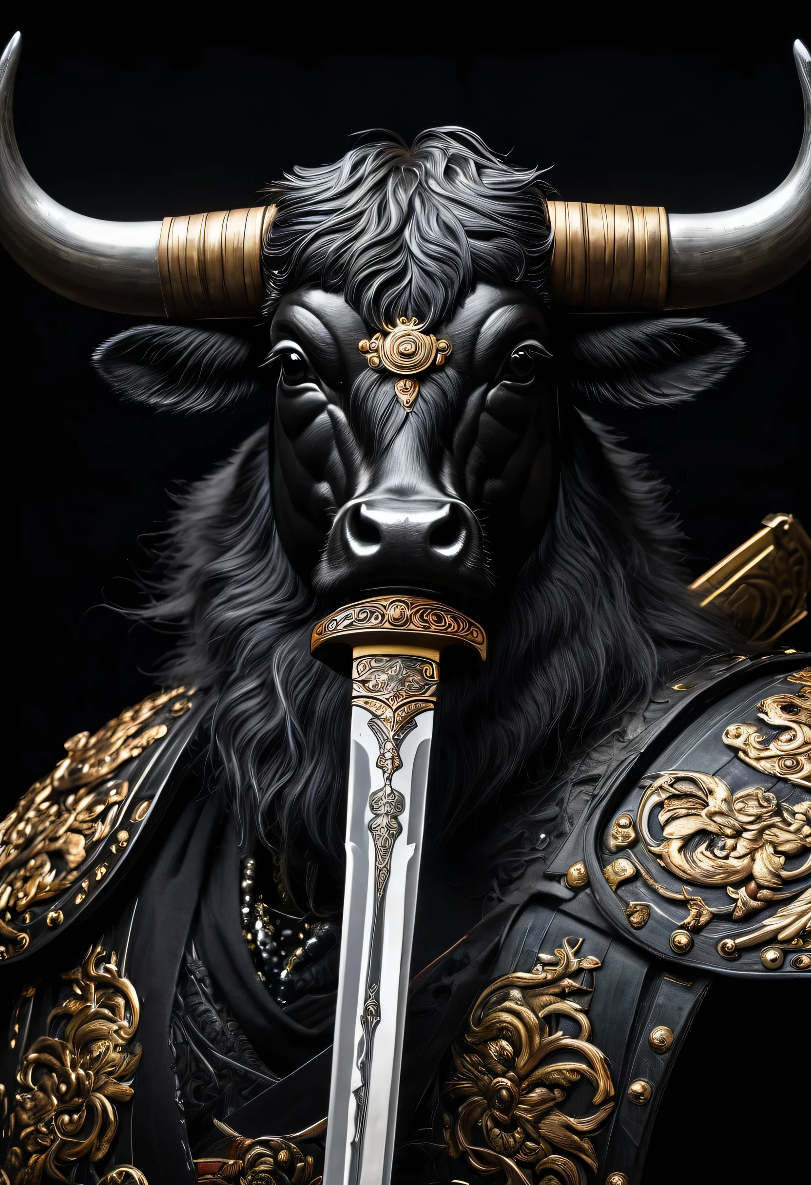 there is a close up of a warrior sword with a black background, A painting inspired by Kano Hogai, Does not bounce, creation, knife, steampunk knife, knife in hand, close up portrait shot, close up shot, close up portrait shot, Close up details, black bull warrior, warrior