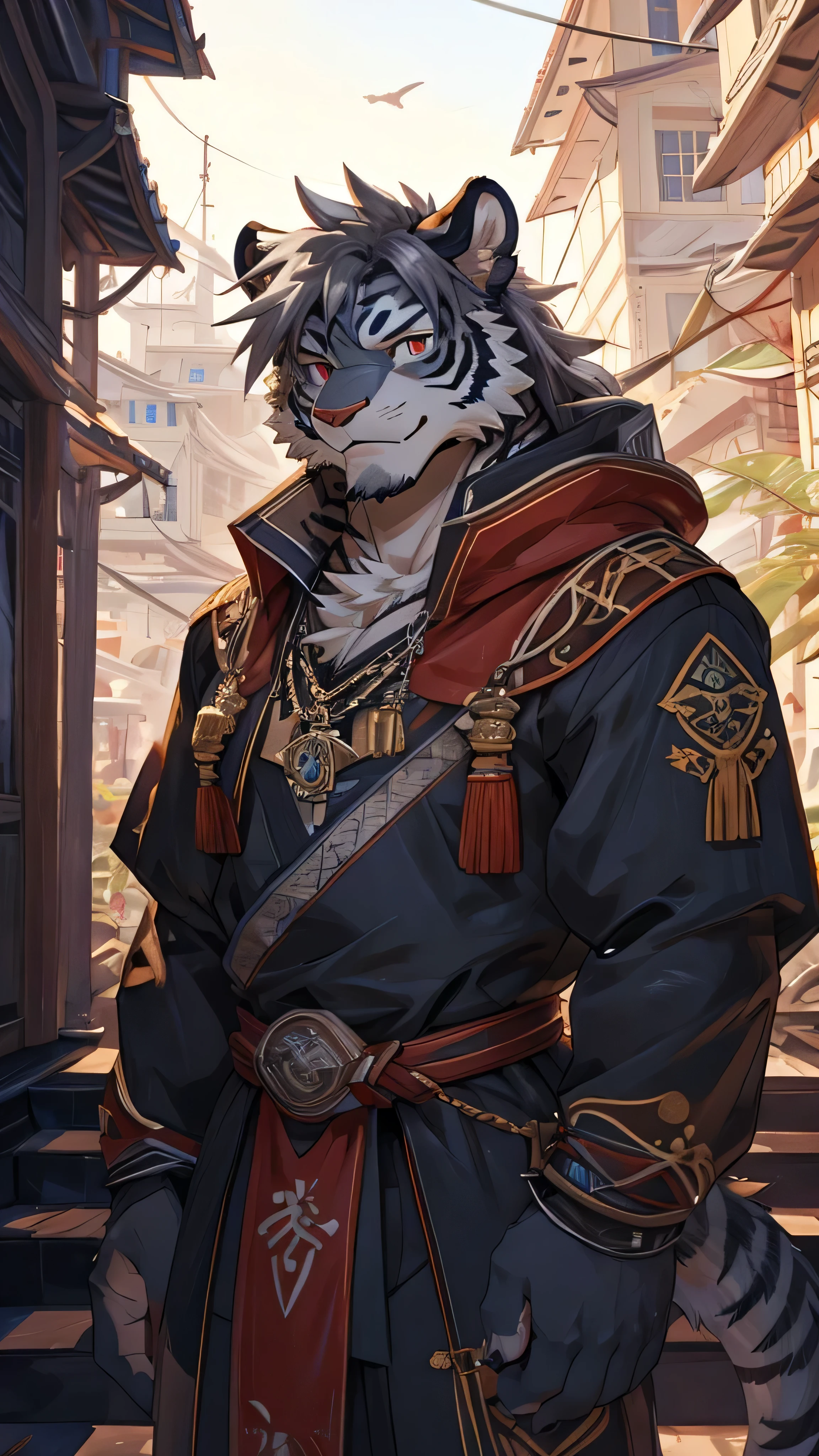 Solo, tiger, black tiger, tiger male, gray hair, long hair, deep gray body fur, muscular male, young male, deep red eyes, wearing Chinese general clothes ,gray fur tuft, eastern necklace, blue sky background, morning, ( by Sollyz, masterpiece, 8k, hd), Looking at viewer, smiling, detailed face, detailed eyes, detailed hair, detailed muscles, detailed clothes, Genshin,
