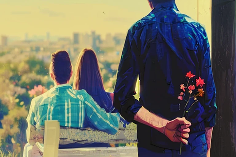 A man and a woman are sitting on a bench and looking at the scenery, With your back turned, over his shoulder, A man standing hiding a flower behind his back. very realistic, turning away, ((supersaturated)), Back-shot, She has long brown hair,Her back is with us, very realistic, The person turned his back, supersaturated, Behind-the-scenes photo stills, edited, his arms are behind his back, illustration!, jealousy